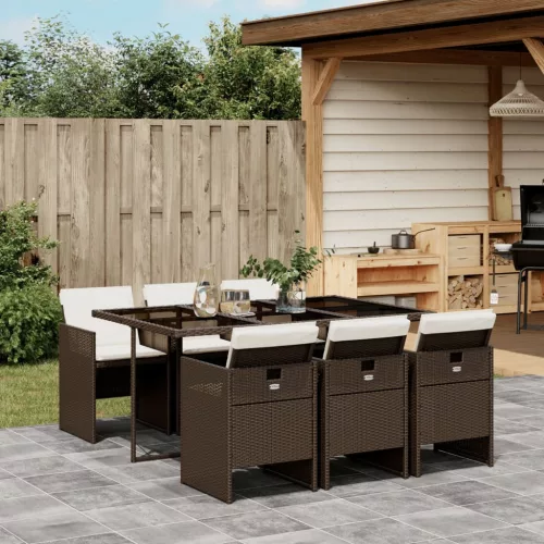  7 részes barna polyrattan kerti étkezőgarnitúra párnával
