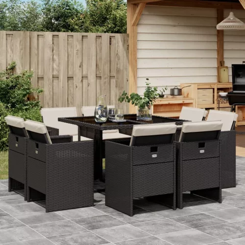  9 részes fekete polyrattan kerti étkezőgarnitúra párnákkal
