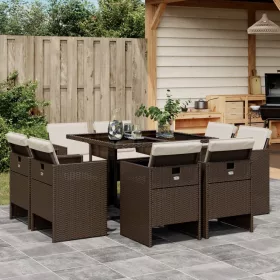    9 részes barna polyrattan kerti étkezőgarnitúra párnákkal