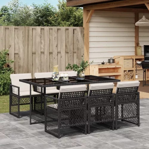  7 részes fekete polyrattan kerti étkezőgarnitúra párnával