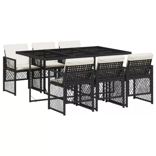  7 részes fekete polyrattan kerti étkezőgarnitúra párnával