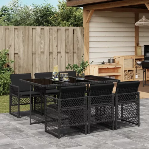  7 részes fekete polyrattan kerti étkezőgarnitúra párnával