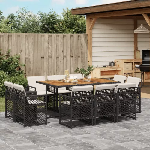  11 részes fekete polyrattan kerti étkezőgarnitúra párnákkal