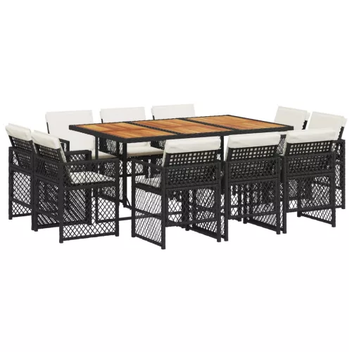  11 részes fekete polyrattan kerti étkezőgarnitúra párnákkal
