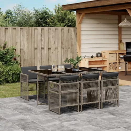  7 részes szürke polyrattan kerti étkezőgarnitúra párnával