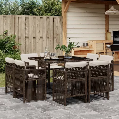  9 részes barna polyrattan kerti étkezőgarnitúra párnákkal