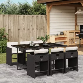    7 részes fekete polyrattan kerti étkezőgarnitúra párnával
