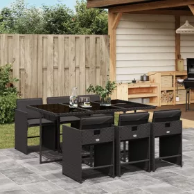    7 részes fekete polyrattan kerti étkezőgarnitúra párnával