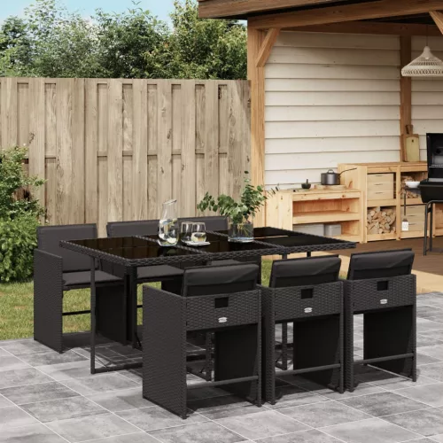  7 részes fekete polyrattan kerti étkezőgarnitúra párnával