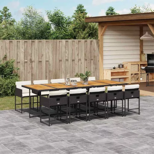  11 részes fekete polyrattan kerti étkezőgarnitúra párnákkal