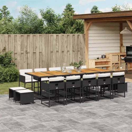  15 részes fekete polyrattan kerti étkezőgarnitúra párnákkal