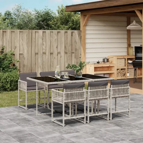  7 részes világosszürke polyrattan kerti étkezőszett párnával