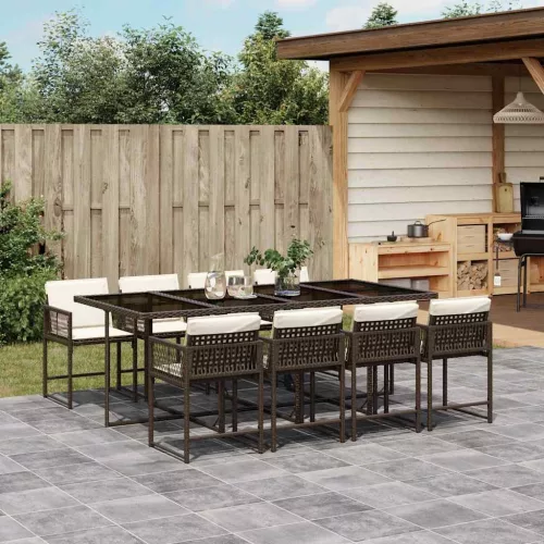  9 részes barna polyrattan kerti étkezőgarnitúra párnákkal