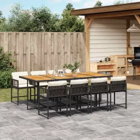    9 részes fekete polyrattan kerti étkezőgarnitúra párnákkal