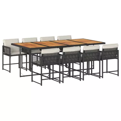  9 részes fekete polyrattan kerti étkezőgarnitúra párnákkal