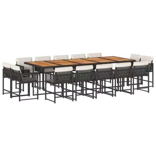  15 részes fekete polyrattan kerti étkezőgarnitúra párnákkal