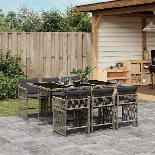  7 részes szürke polyrattan kerti étkezőgarnitúra párnával