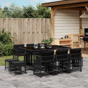    11 részes fekete polyrattan kerti étkezőgarnitúra párnákkal