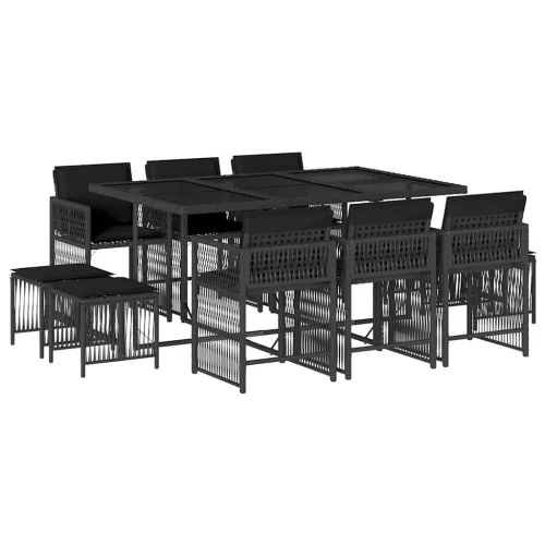  11 részes fekete polyrattan kerti étkezőgarnitúra párnákkal