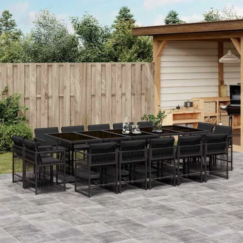  15 részes fekete polyrattan kerti étkezőgarnitúra párnákkal