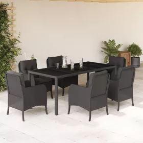    7 részes fekete polyrattan kerti étkezőgarnitúra párnával