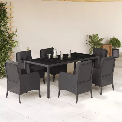  7 részes fekete polyrattan kerti étkezőgarnitúra párnával