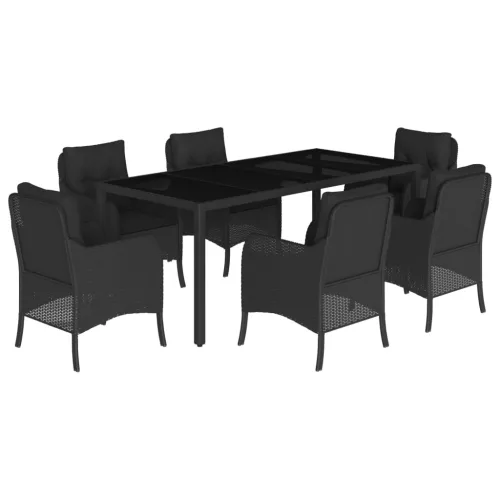  7 részes fekete polyrattan kerti étkezőgarnitúra párnával