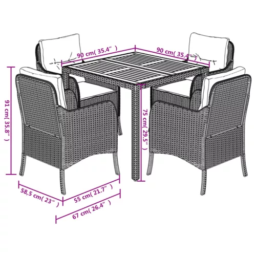  5 részes fekete polyrattan kerti étkezőgarnitúra párnákkal