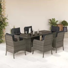    7 részes szürke polyrattan kerti étkezőgarnitúra párnával