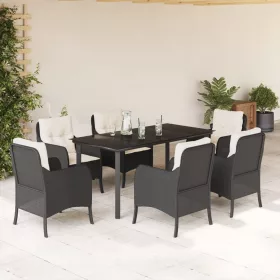    7 részes fekete polyrattan kerti étkezőgarnitúra párnával