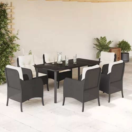  7 részes fekete polyrattan kerti étkezőgarnitúra párnával