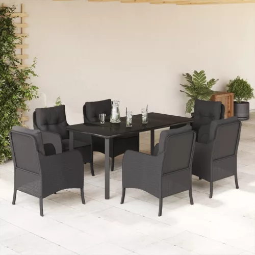  7 részes fekete polyrattan kerti étkezőgarnitúra párnával