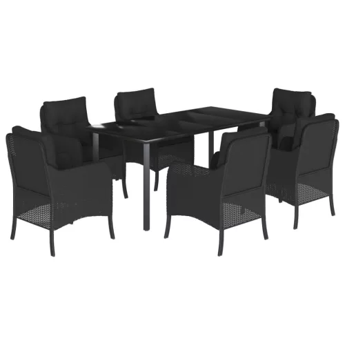  7 részes fekete polyrattan kerti étkezőgarnitúra párnával