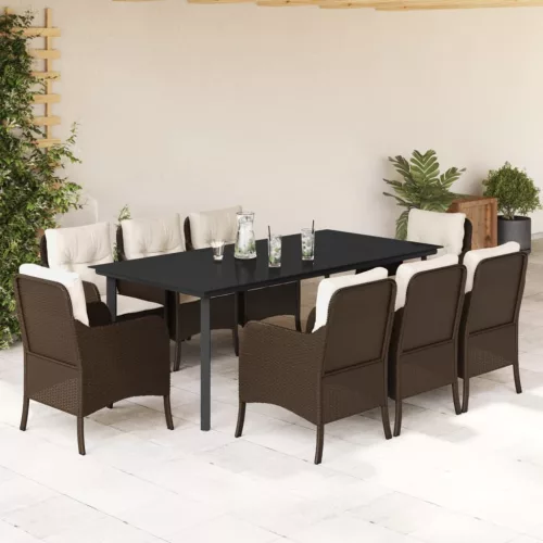  9 részes barna polyrattan kerti étkezőgarnitúra párnákkal