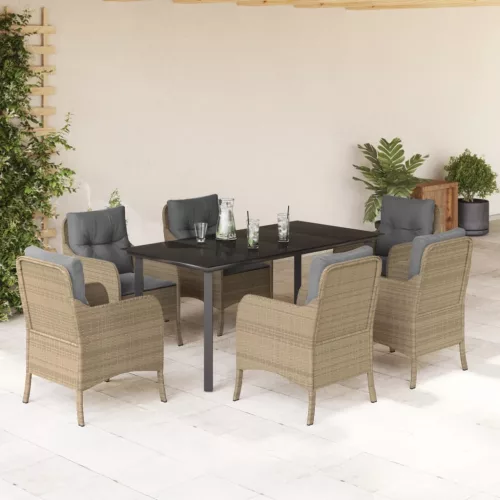  7 részes bézs polyrattan kerti étkezőgarnitúra párnákkal