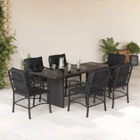    7 részes fekete polyrattan kerti étkezőgarnitúra párnával