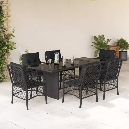  7 részes fekete polyrattan kerti étkezőgarnitúra párnával