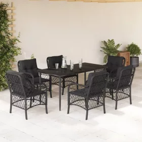    7 részes fekete polyrattan kerti étkezőgarnitúra párnával