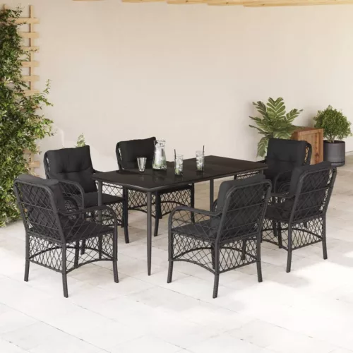  7 részes fekete polyrattan kerti étkezőgarnitúra párnával