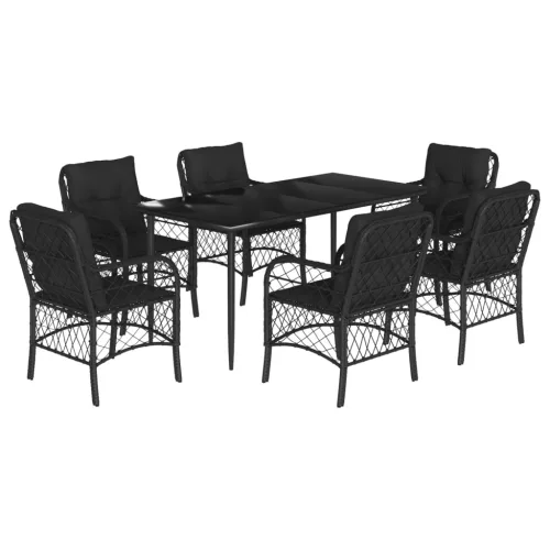  7 részes fekete polyrattan kerti étkezőgarnitúra párnával