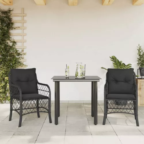  3 részes fekete polyrattan bisztrógarnitúra párnával