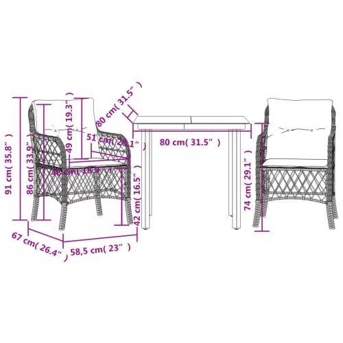  3 részes fekete polyrattan bisztrógarnitúra párnával