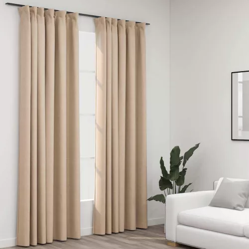  2 db bézs vászonhatású sötétítőfüggöny kampókkal 140 x 225 cm