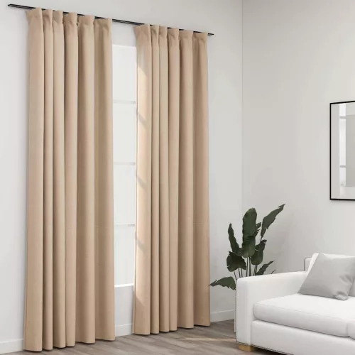  2 db bézs vászonhatású sötétítőfüggöny kampókkal 140 x 245 cm
