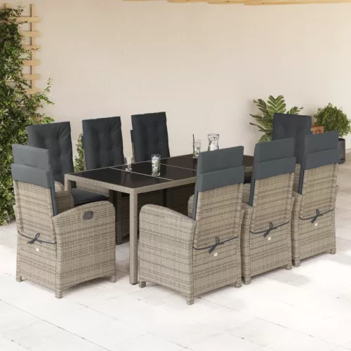  9 részes szürke polyrattan kerti étkezőgarnitúra párnával