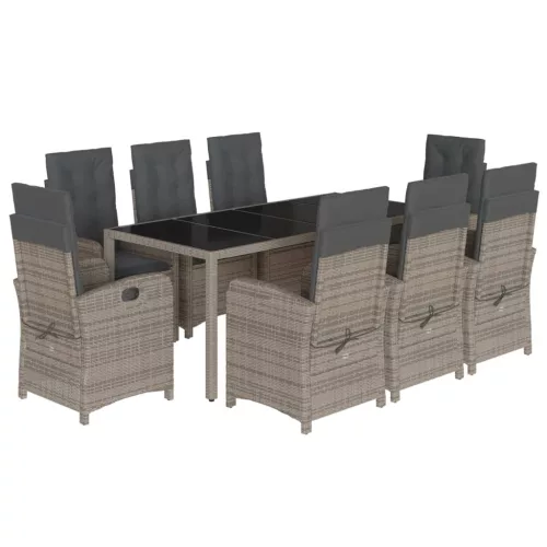  9 részes szürke polyrattan kerti étkezőgarnitúra párnával