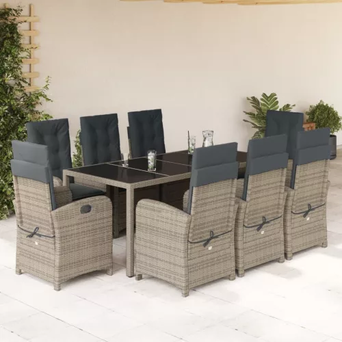  9 részes szürke polyrattan kerti étkezőgarnitúra párnával