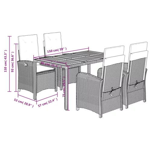  5 részes fekete polyrattan kerti étkezőgarnitúra párnákkal