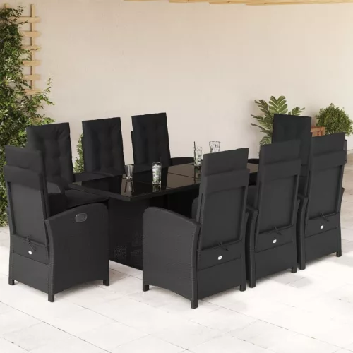  9 részes fekete polyrattan kerti étkezőgarnitúra párnákkal