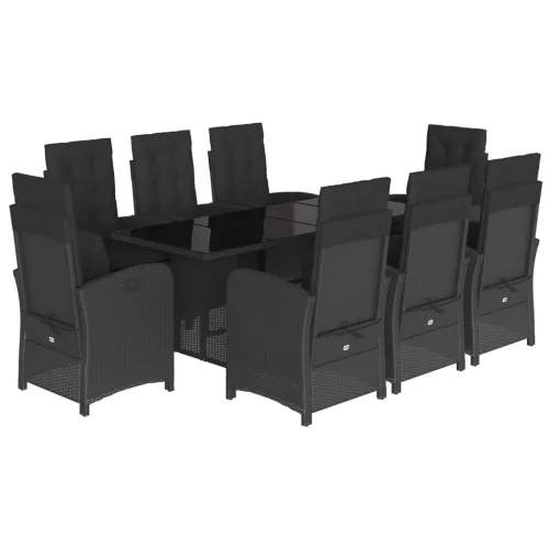  9 részes fekete polyrattan kerti étkezőgarnitúra párnákkal